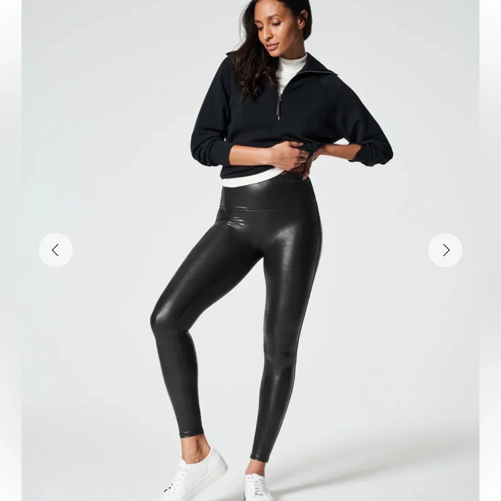 SPANX Black Faux Leather Leggings Size Large Petite